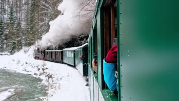 Вид Рухомий Паровий Потяг Моцаніта Зсередини Голий Ліс Взимку Сніг — стокове відео