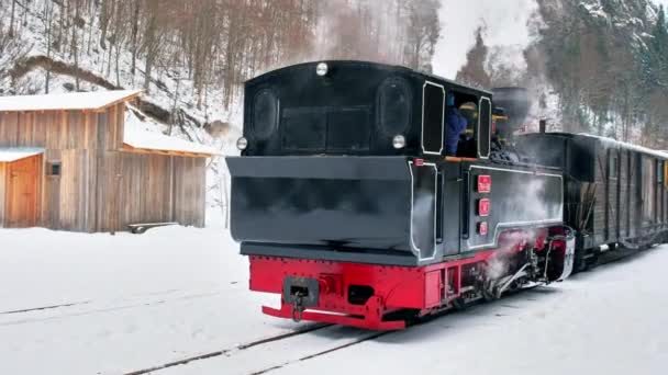 Blick Auf Den Aufgelösten Dampfzug Mocanita Auf Einem Bahnhof Winter — Stockvideo