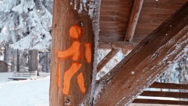 ルーマニアのカルパティアの雪に覆われた森の中の木製の柵の上のハイキングサイン — ストック動画