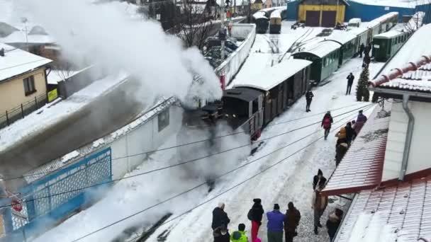 Viseu Sus Romania January 2022 Drone View Steam Train Mocanita — 비디오