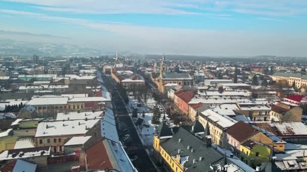 Widok Lotu Ptaka Sighetu Marmatiei Zimą Rumunia Centrum Miasta Budynki — Wideo stockowe