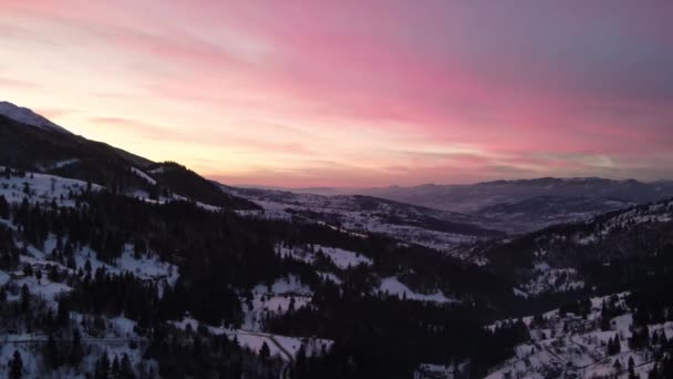 Veduta Aerea Drone Dei Carpazi Inverno Tramonto Romania Foresta Brulla — Video Stock