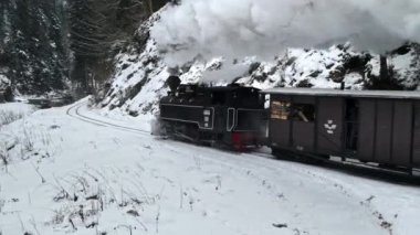 VISEU DE SUS, ROMANIA - HAZİRAN 2022 Kışın nehir boyunca bir vadideki Mocanita buharlı treninin hava aracı görüntüsü, çıplak orman ve karla kaplı tepeler