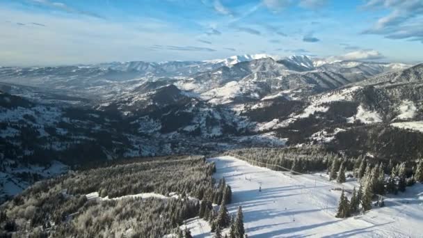 Luftaufnahme Einer Skipiste Den Karpaten Winter Rumänien Karger Wald Ringsum — Stockvideo