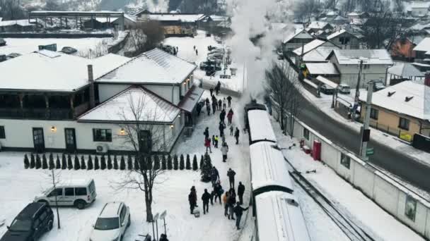 Viseu Sus Румыния Январь 2022 Паровозик Моканита Железнодорожном Вокзале Зимой — стоковое видео