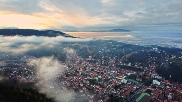 Aerial View Brasov Winter Romania Old City Centre Residential Buildings — Stock Video