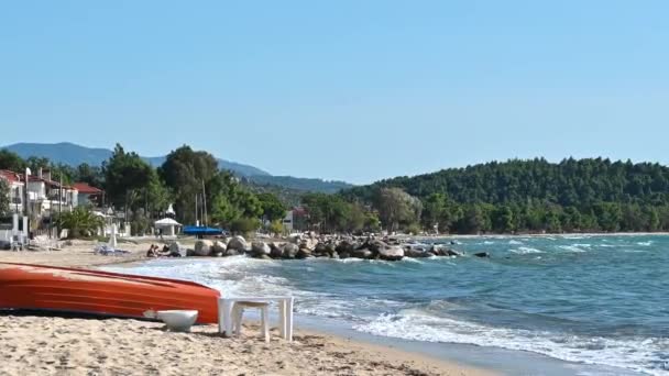 Côte Mer Égée Salonique Grèce Plage Bâtiments Verdure — Video