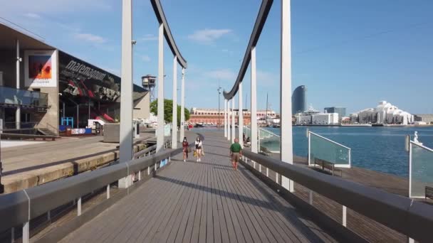 Barcelona Spain June 2021 Embankment Street Walking People Bridge Buildings — Stock Video