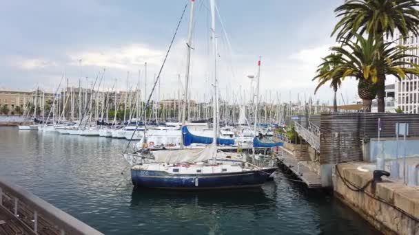 Barcelona Ισπανια Ιουνιοσ 2021 Θαλάσσιο Λιμάνι Πολλά Αγκυροβολημένα Σκάφη Και — Αρχείο Βίντεο