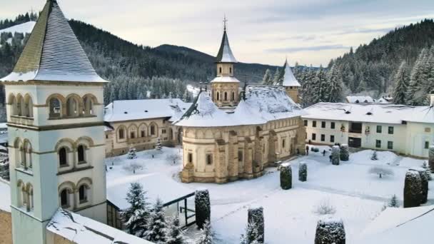 Veduta Aerea Drone Del Monastero Putna Inverno Romania Cortile Interno — Video Stock