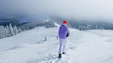 Romanya, Karpatlar 'da yürüyüş yapan kadın. Sırt çantası ve kayak direkleriyle Giumalau tepesine tırmanan bir kadın. Kar Ormanı