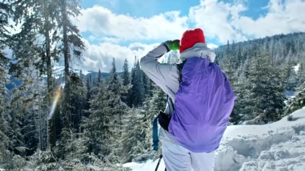 Kadın Dinleniyor Romanya Kış Yürüyüşündeki Karpatların Güzelliğinin Tadını Çıkarıyor Sırt — Stok video
