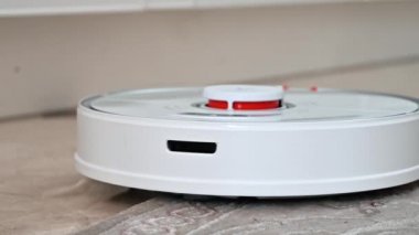 Evde robot elektrik süpürgesiyle çalışıyorum. Bir halının kenarında yürüyorum.