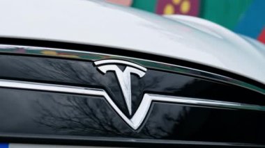 CHISINAU, MOLDOVA - HAZİRAN, 2022: Tesla Model S P90 logosu, ön görüş