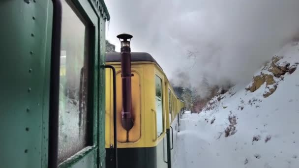 Blick Auf Den Fahrenden Dampfzug Mocanita Von Innen Berghang Mit — Stockvideo