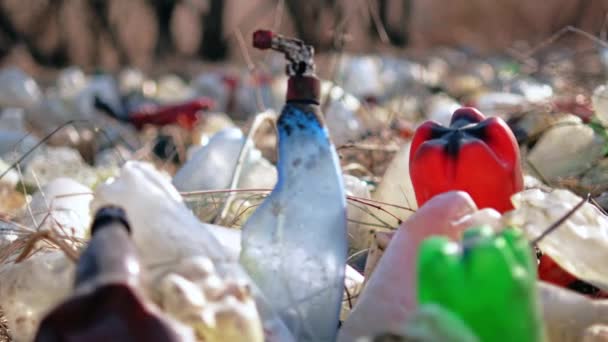 Земля Большим Количеством Разбросанных Пластиковых Бутылок — стоковое видео