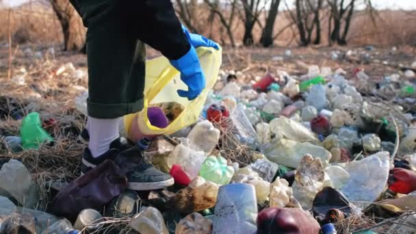 人类从自然界中的地面收集分散的塑料瓶 — 图库视频影像