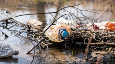 Bir sürü dağınık plastik şişeyle nehir kıyısında.