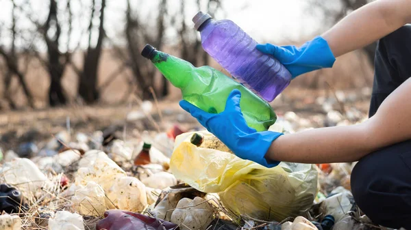 Hombre Guantes Recogiendo Botellas Plástico Dispersas Del Suelo Naturaleza —  Fotos de Stock