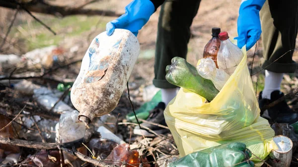 Hombre Guantes Recogiendo Botellas Plástico Dispersas Del Suelo Naturaleza —  Fotos de Stock