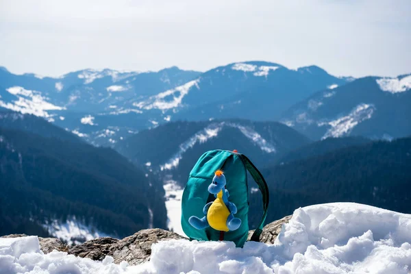 Türkiser Rucksack Auf Dem Gipfel Der Winterberge — Stockfoto