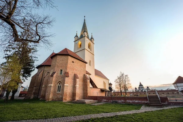 罗马尼亚克洛伊的一座教堂在傍晚时分的照片 正方形 前面有绿叶 — 图库照片