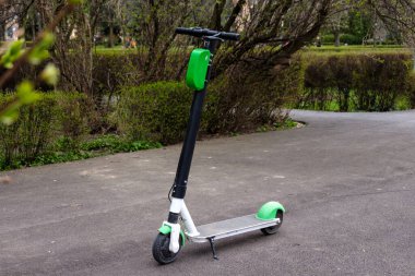 Parkta yeşil ve siyah bir yeşil enerji scooter 'ı çiçek açan bir manolyanın yanında duruyor.