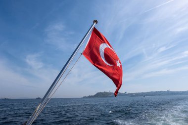 Uçan martıların ve Karadeniz 'in ön planında Türkiye' nin kırmızı bayrağı