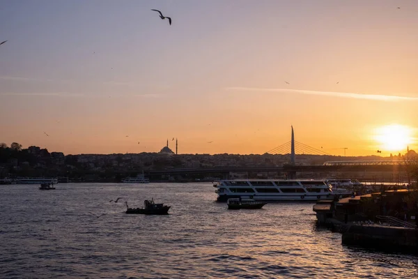 Türk Denizinin Olağanüstü Sarı Gün Batımı Uçan Martılar Yüzen Tekneler — Stok fotoğraf