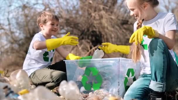 Chłopiec Dziewczyna Zbierający Plastikowe Śmieci Pojemniku Zanieczyszczonej Polanie Znaki Recyklingu — Wideo stockowe