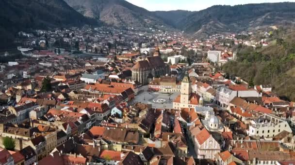 Vista Aérea Del Avión Tripulado Plaza Central Del Consejo Brasov — Vídeo de stock