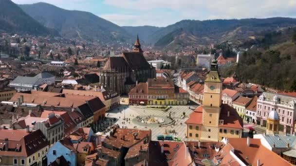 Brasov Romania April 2022 Aerial Drone View Central Council Square — Stock Video