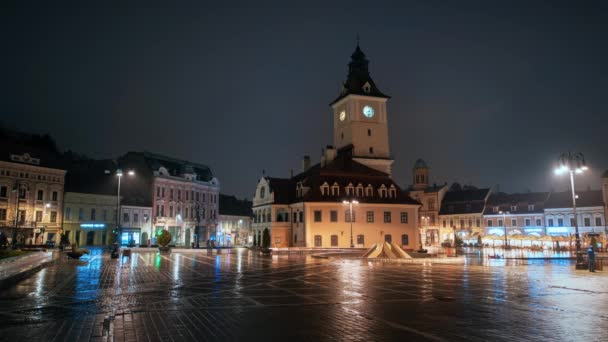 Brasov Roemenië April 2022 Timelapse Blik Het Raadsplein Brasov Nachts — Stockvideo