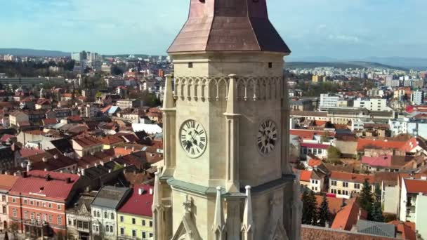 Vista Aérea Drone Igreja São Miguel Cluj Romênia Torre Sino — Vídeo de Stock