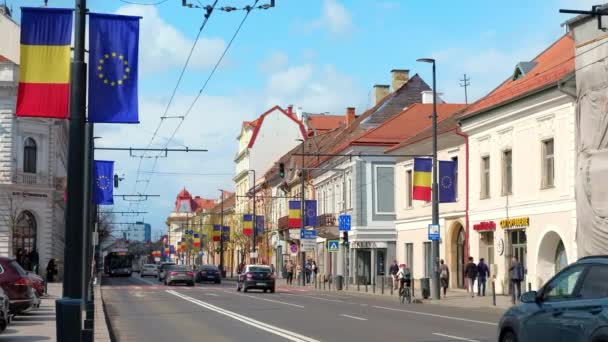 Cluj Roménia Abril 2022 Paisagem Rua Centro Cidade Rua Com — Vídeo de Stock