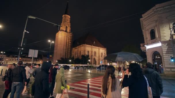 Cluj Roménia Abril 2022 Paisagem Rua Centro Cidade Noite Rua — Vídeo de Stock