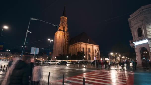 Cluj Romania April 2022 Street Scape City Centre Night Timelapse — Stock Video