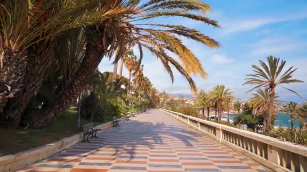 Wybrzeże Morza Śródziemnego Sanremo Włochy Ulica Nabrzeża Ludźmi Dużo Zieleni — Wideo stockowe