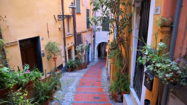 Enge Mittelalterliche Straße Sanremo Italien Gebäude Klassischen Stil — Stockvideo
