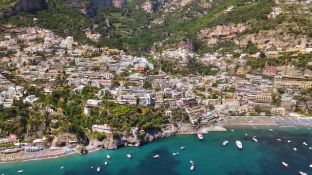 Vista Aérea Gran Angular Del Pueblo Positano Costa Amalfitana Italia — Vídeos de Stock