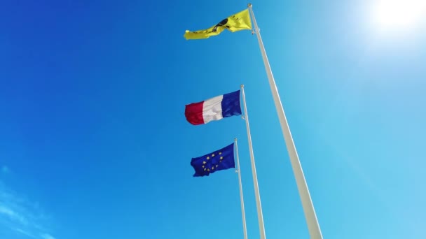 Francouzština Další Vlající Vlajky Větru Vlajkových Stožárech Modrá Obloha Pozadí — Stock video