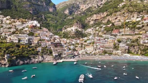 Luchtfoto Groothoek Drone Uitzicht Positano Dorp Amalfi Coast Italië — Stockvideo