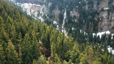 Romanya 'da doğanın insansız hava aracı görüntüsü. Karpat dağları, etrafını saran yemyeşil ormanlarla çevrili su duvarı.