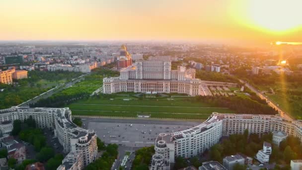 Veduta Aerea Drone Del Palazzo Del Parlamento Bucarest Centro Tramonto — Video Stock