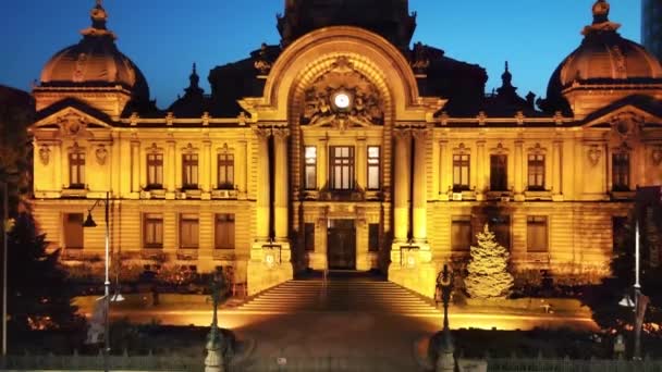 Vista Aérea Del Palacio Cca Por Noche Bucarest Rumania Iluminación — Vídeos de Stock