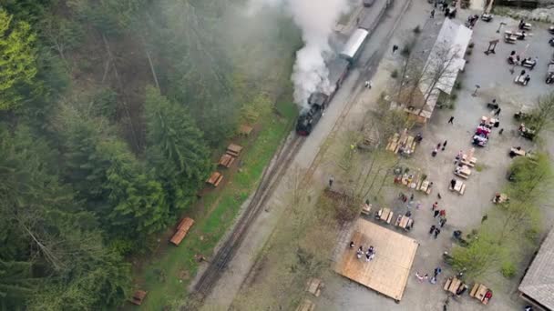Aerial Drone View Steam Train Mocanita Valley Railway Station Resting — Stock Video
