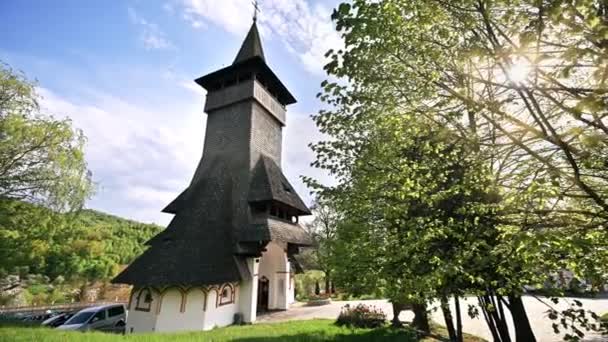 View Barsana Monastery Romania Inner Court Main Gates Greenery Forest — Stock Video