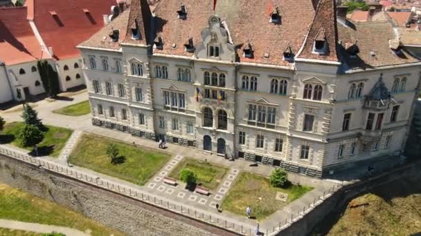 Uitzicht Drone Vanuit Lucht Het Historische Centrum Van Sighisoara Roemenië — Stockvideo