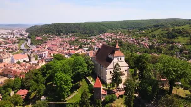 Aerial Drone View Historic Centre Sighisoara Romania Old Buildings Church — Stock Video