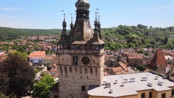 Flygdrönare Över Det Historiska Centrumet Sighisoara Rumänien Gamla Byggnader Smala — Stockvideo